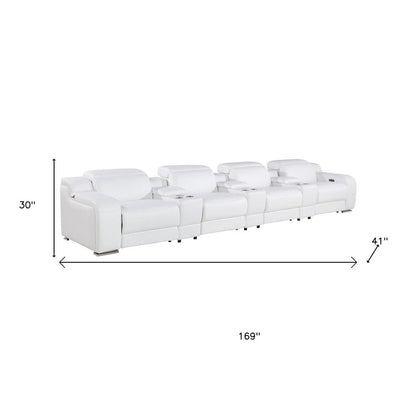169" Light Gray Italian Leather Reclining USB Sofa HomeRoots