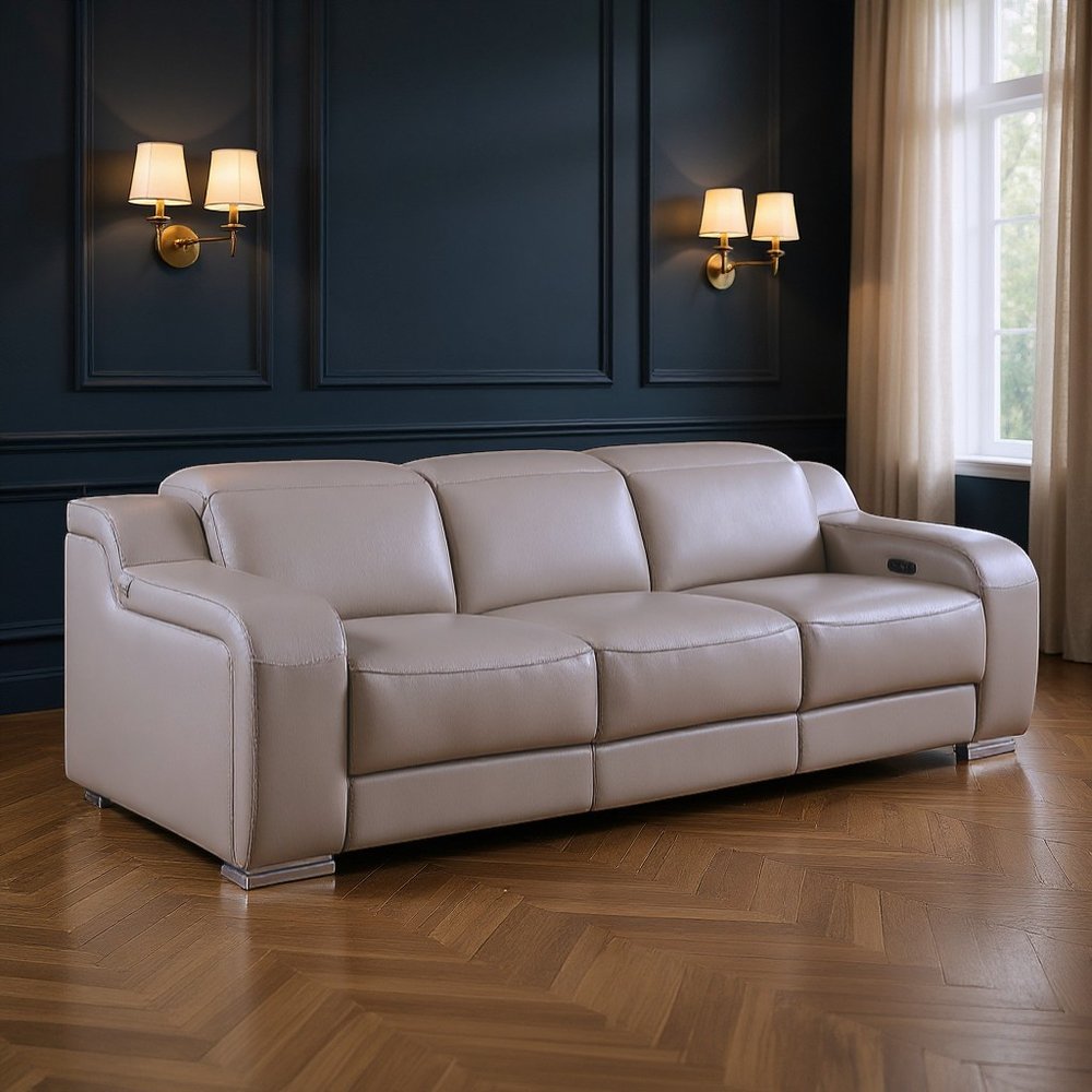 103" Beige Italian Leather Reclining USB Sofa HomeRoots