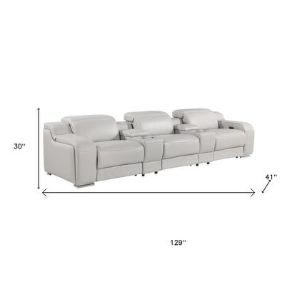 129" Beige Italian Leather Reclining USB Sofa HomeRoots