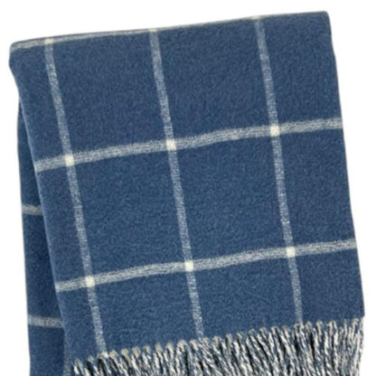 50" X 67" Denim Blue And White Cotton Blend Woven Plaid Throw Blanket with Fringe HomeRoots