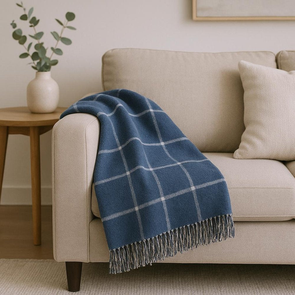 50" X 67" Denim Blue And White Cotton Blend Woven Plaid Throw Blanket with Fringe HomeRoots