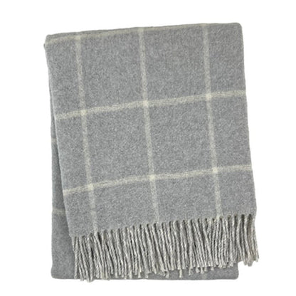 50" X 67" Light Gray And White Cotton Blend Woven Plaid Throw Blanket with Fringe HomeRoots