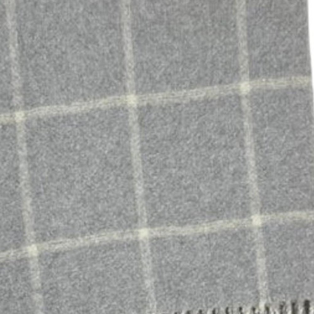 50" X 67" Light Gray And White Cotton Blend Woven Plaid Throw Blanket with Fringe HomeRoots