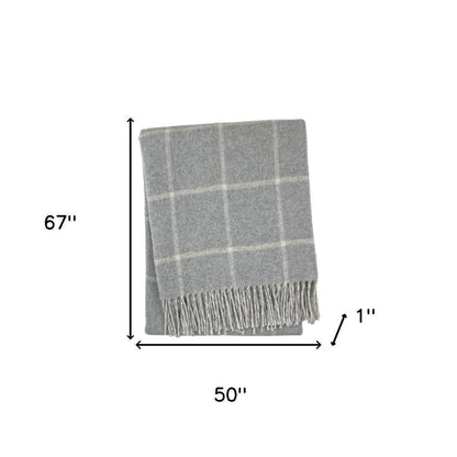 50" X 67" Light Gray And White Cotton Blend Woven Plaid Throw Blanket with Fringe HomeRoots