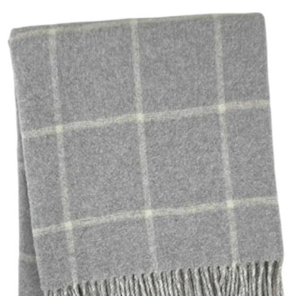 50" X 67" Light Gray And White Cotton Blend Woven Plaid Throw Blanket with Fringe HomeRoots