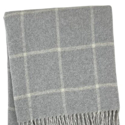 50" X 67" Light Gray And White Cotton Blend Woven Plaid Throw Blanket with Fringe HomeRoots