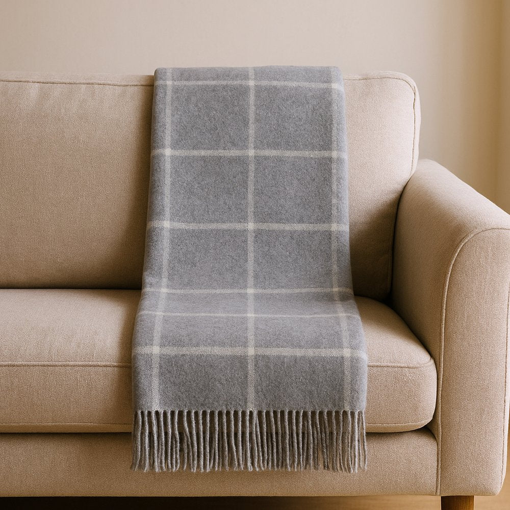 50" X 67" Light Gray And White Cotton Blend Woven Plaid Throw Blanket with Fringe HomeRoots