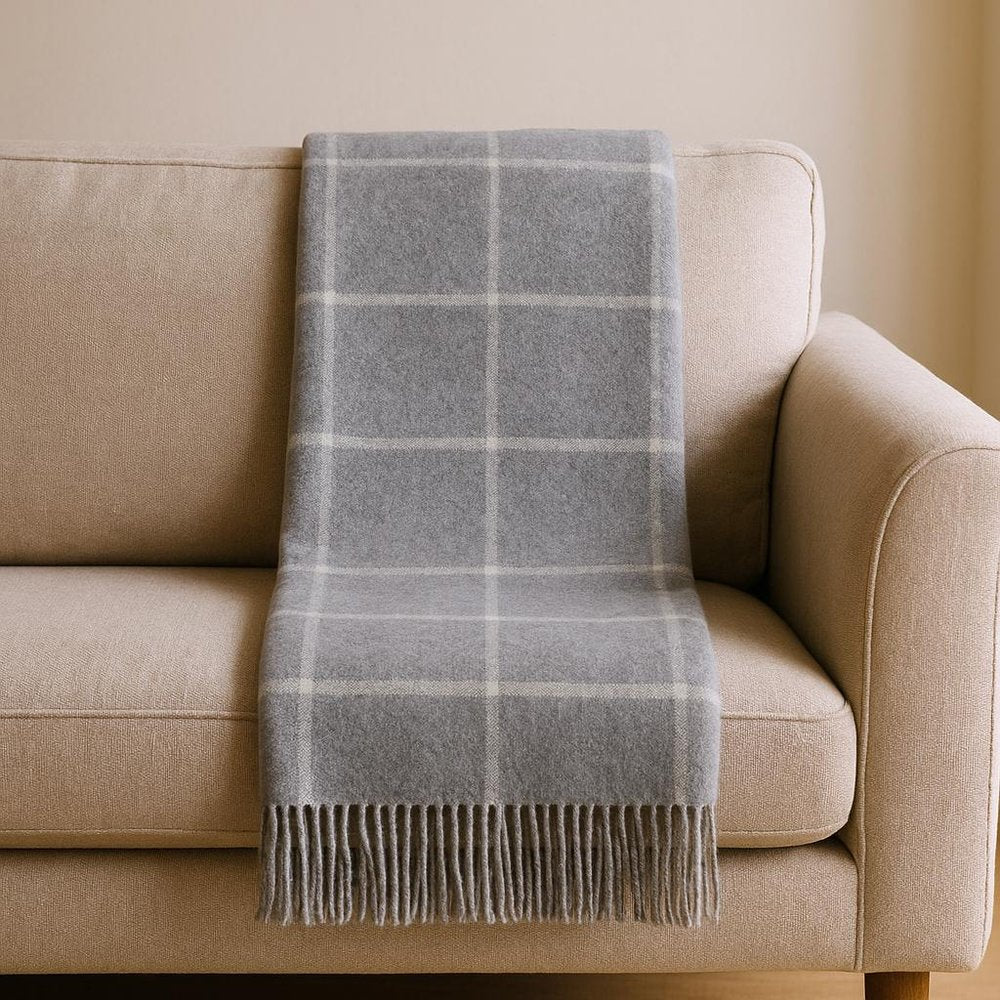50" X 67" Light Gray And White Cotton Blend Woven Plaid Throw Blanket with Fringe HomeRoots