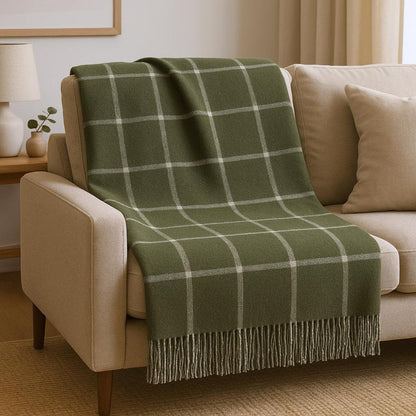 50" X 67" Olive Green And White Cotton Blend Woven Plaid Throw Blanket with Fringe HomeRoots