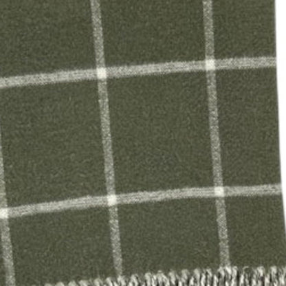 50" X 67" Olive Green And White Cotton Blend Woven Plaid Throw Blanket with Fringe