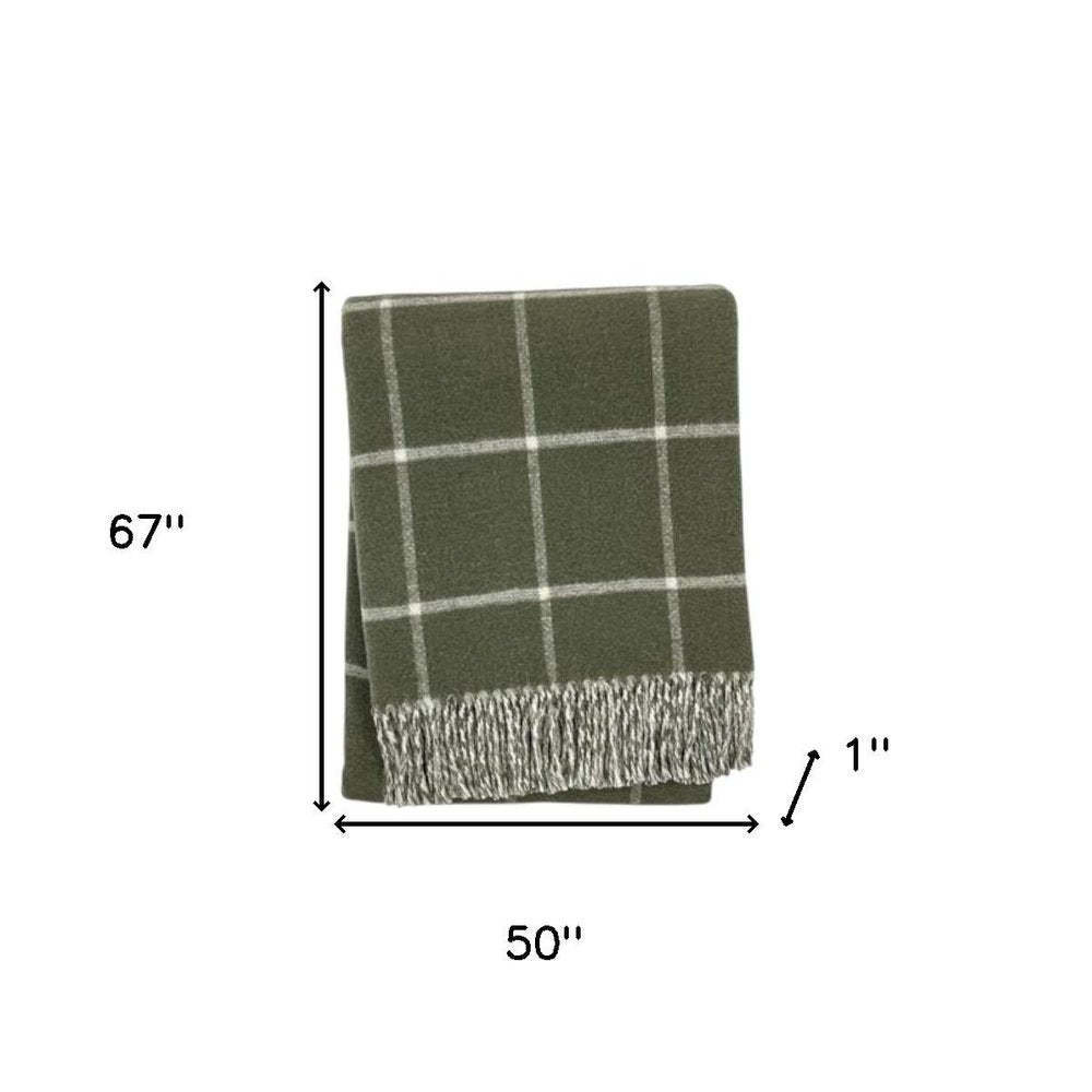 50" X 67" Olive Green And White Cotton Blend Woven Plaid Throw Blanket with Fringe HomeRoots
