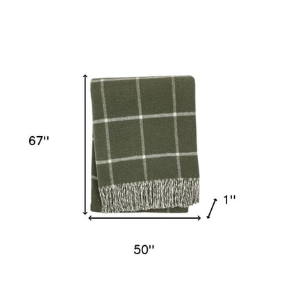 50" X 67" Olive Green And White Cotton Blend Woven Plaid Throw Blanket with Fringe HomeRoots