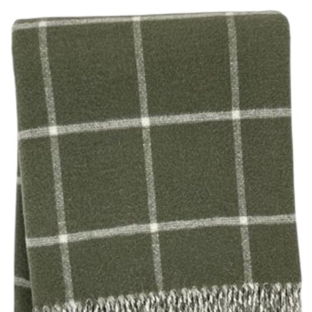 50" X 67" Olive Green And White Cotton Blend Woven Plaid Throw Blanket with Fringe HomeRoots