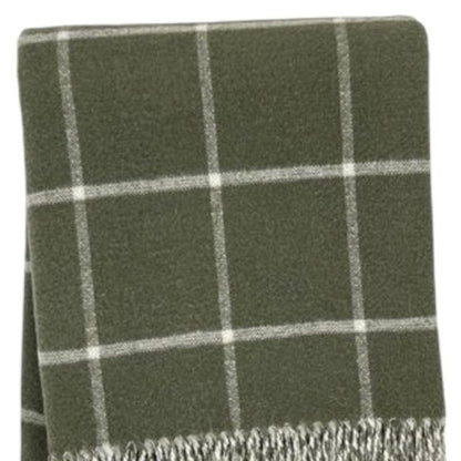 50" X 67" Olive Green And White Cotton Blend Woven Plaid Throw Blanket with Fringe HomeRoots