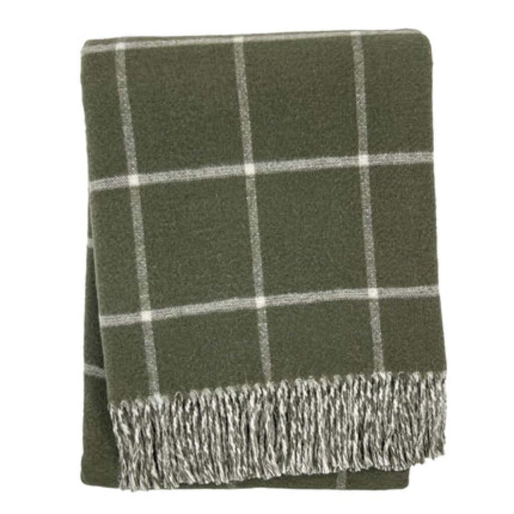 50" X 67" Olive Green And White Cotton Blend Woven Plaid Throw Blanket with Fringe