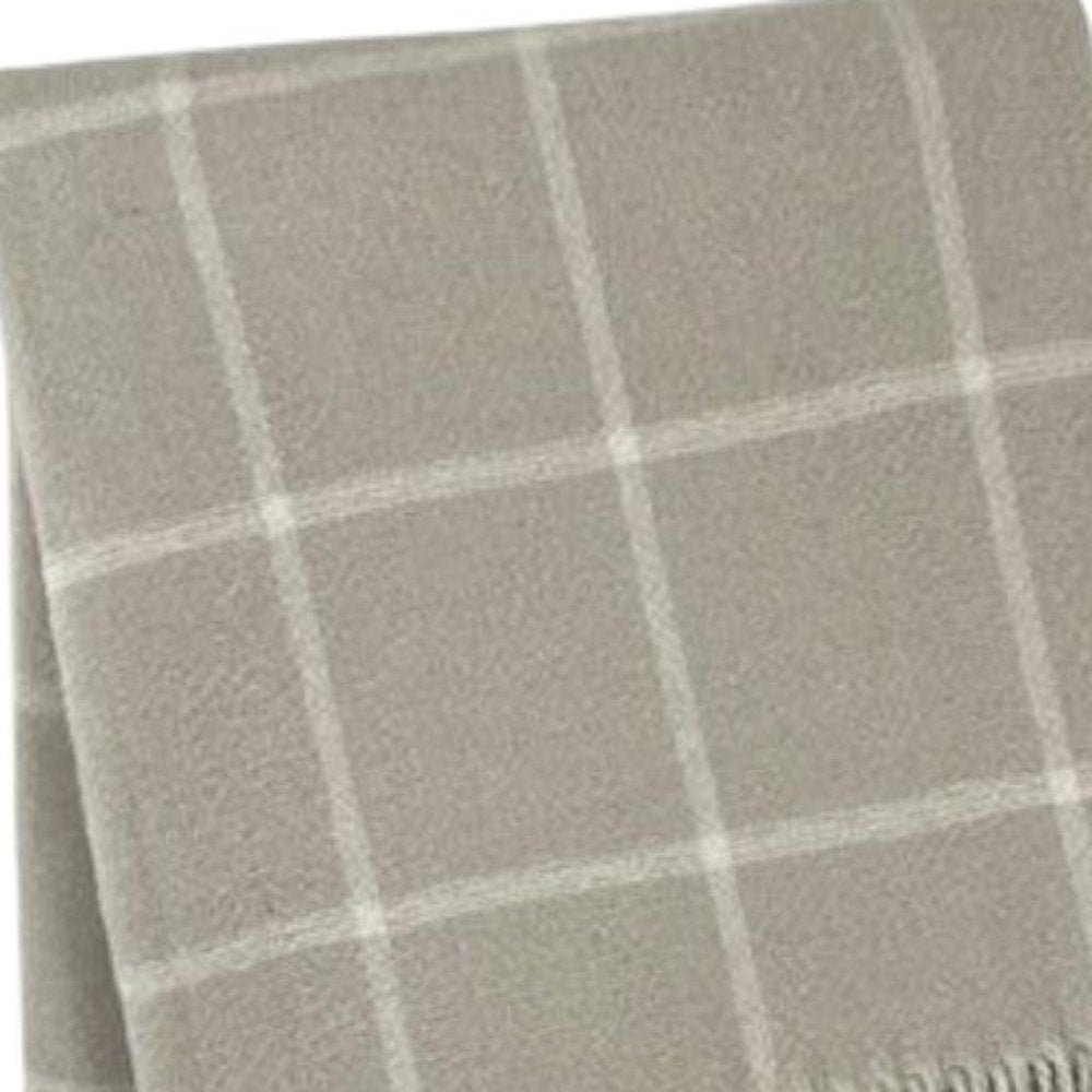 50" X 67" Sand And White Cotton Blend Woven Plaid Throw Blanket with Fringe HomeRoots