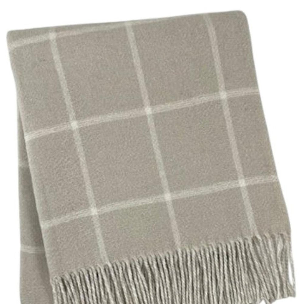 50" X 67" Sand And White Cotton Blend Woven Plaid Throw Blanket with Fringe HomeRoots
