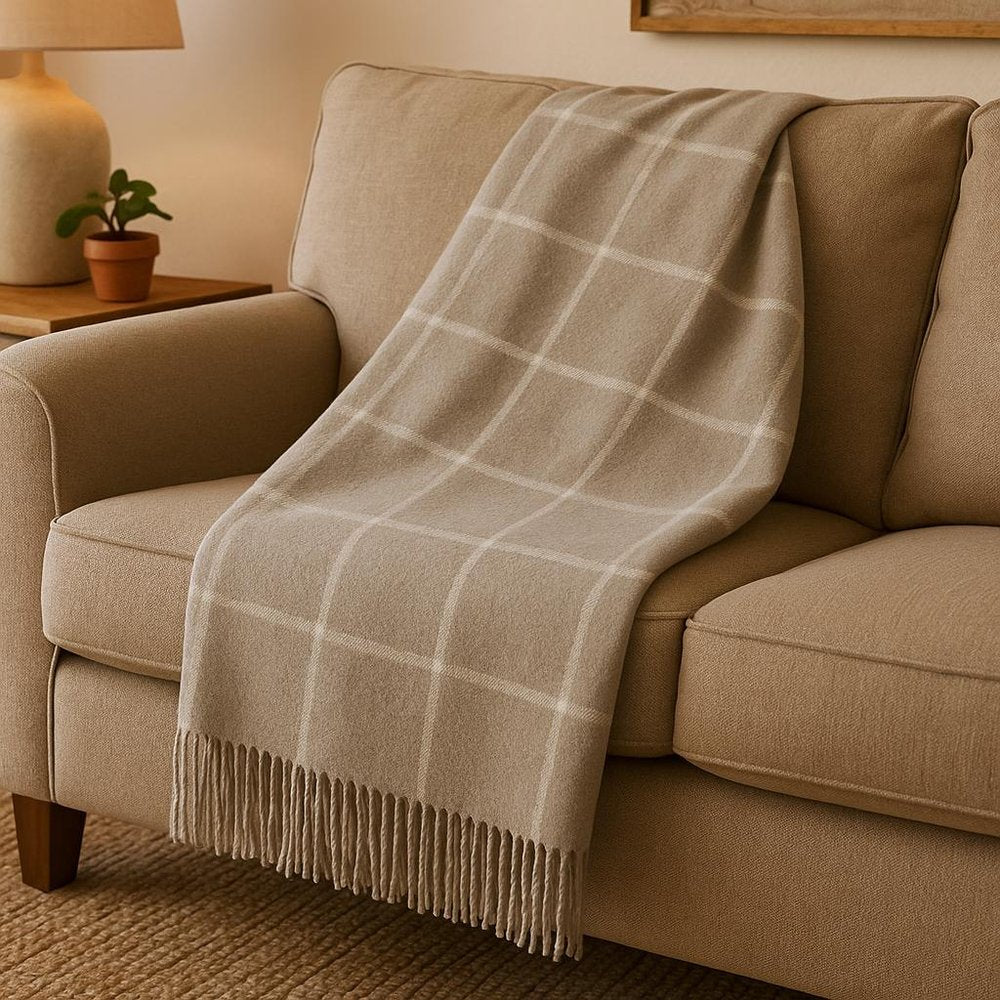 50" X 67" Sand And White Cotton Blend Woven Plaid Throw Blanket with Fringe HomeRoots