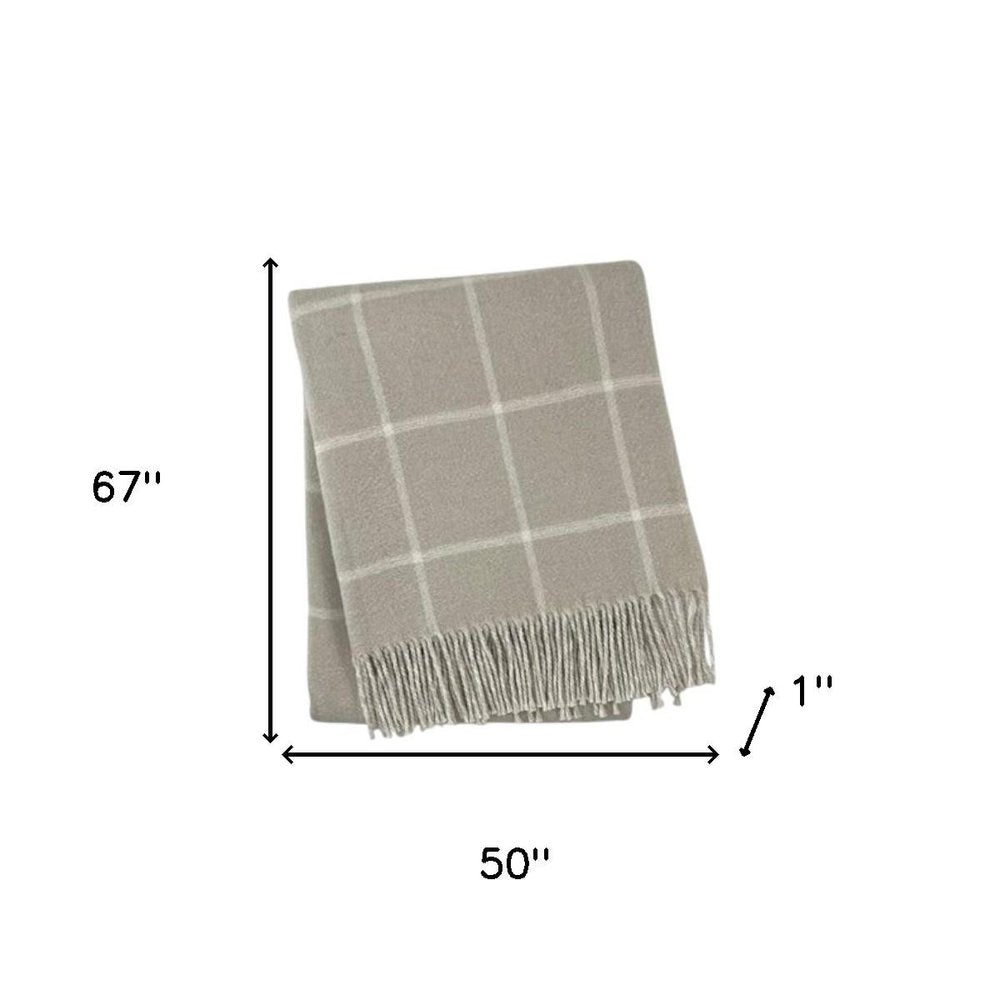 50" X 67" Sand And White Cotton Blend Woven Plaid Throw Blanket with Fringe HomeRoots