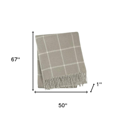 50" X 67" Sand And White Cotton Blend Woven Plaid Throw Blanket with Fringe HomeRoots