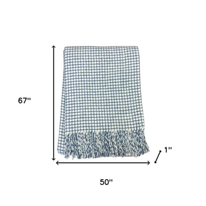 50" X 67" Cream And Denim Blue Cotton Blend Woven Plaid Throw Blanket with Fringe HomeRoots