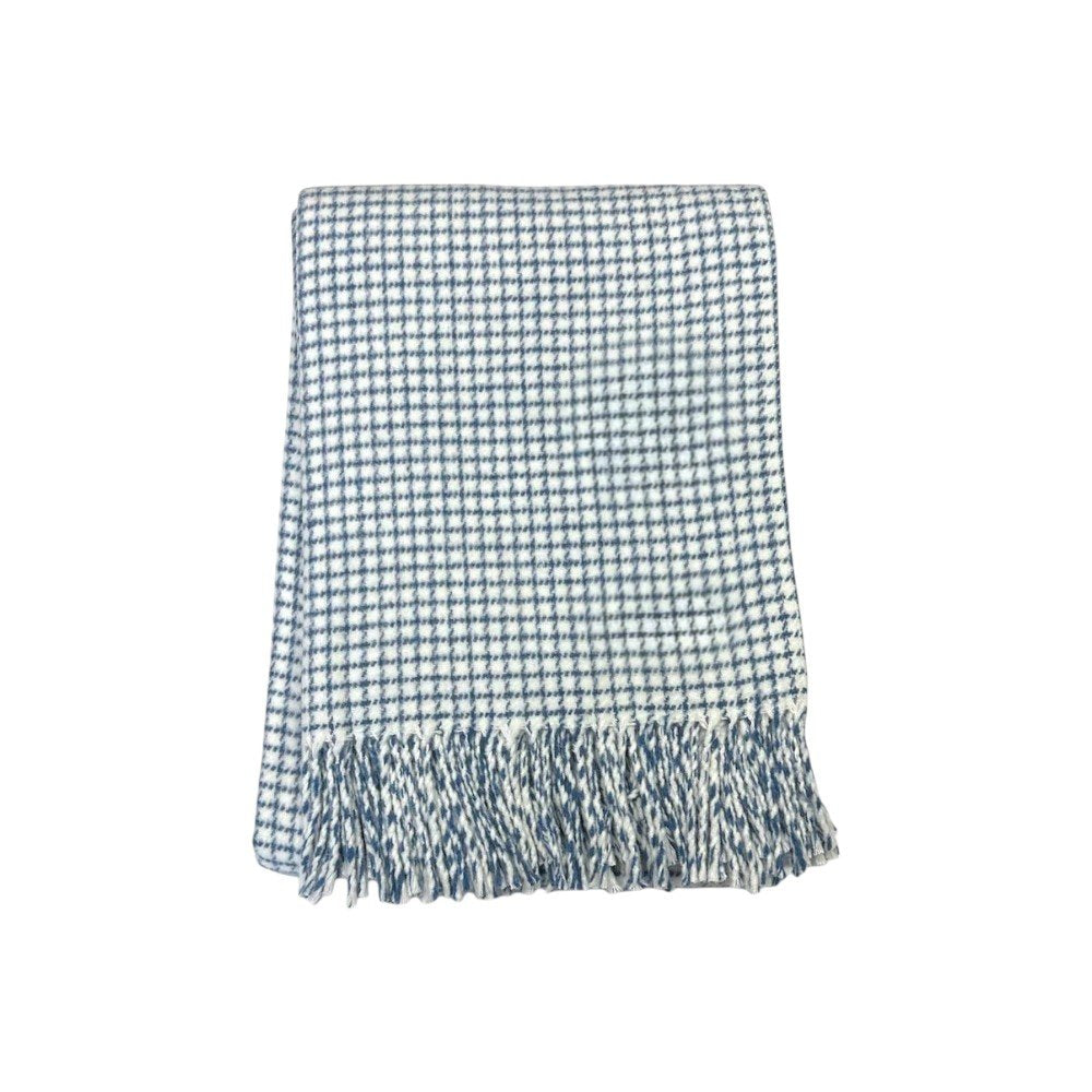 50" X 67" Cream And Denim Blue Cotton Blend Woven Plaid Throw Blanket with Fringe HomeRoots