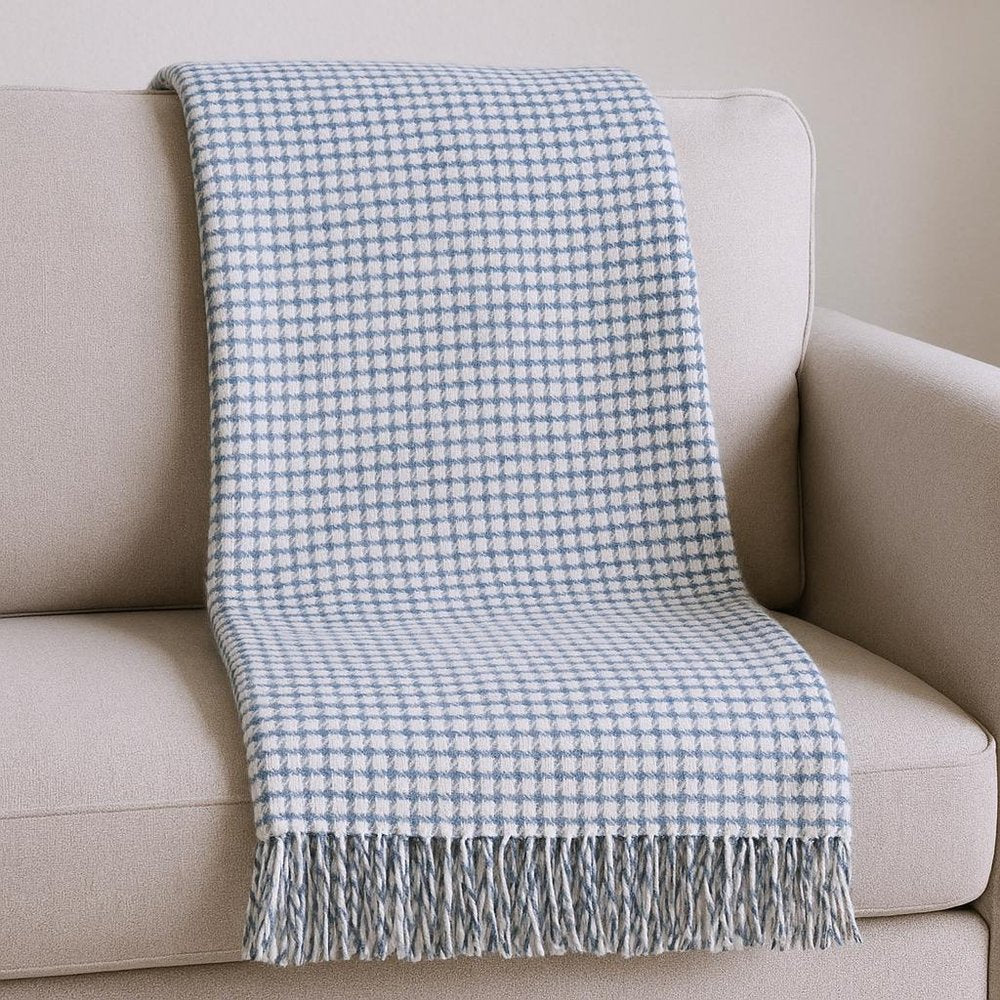 50" X 67" Cream And Denim Blue Cotton Blend Woven Plaid Throw Blanket with Fringe HomeRoots