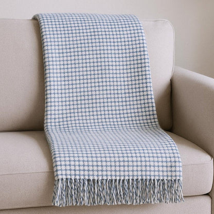 50" X 67" Cream And Denim Blue Cotton Blend Woven Plaid Throw Blanket with Fringe HomeRoots