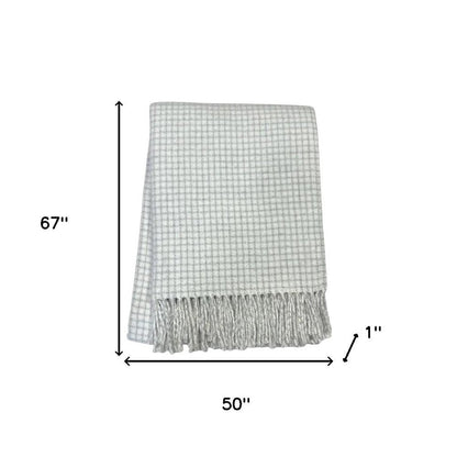 50" X 67" Cream And Light Gray Cotton Blend Woven Plaid Throw Blanket with Fringe HomeRoots