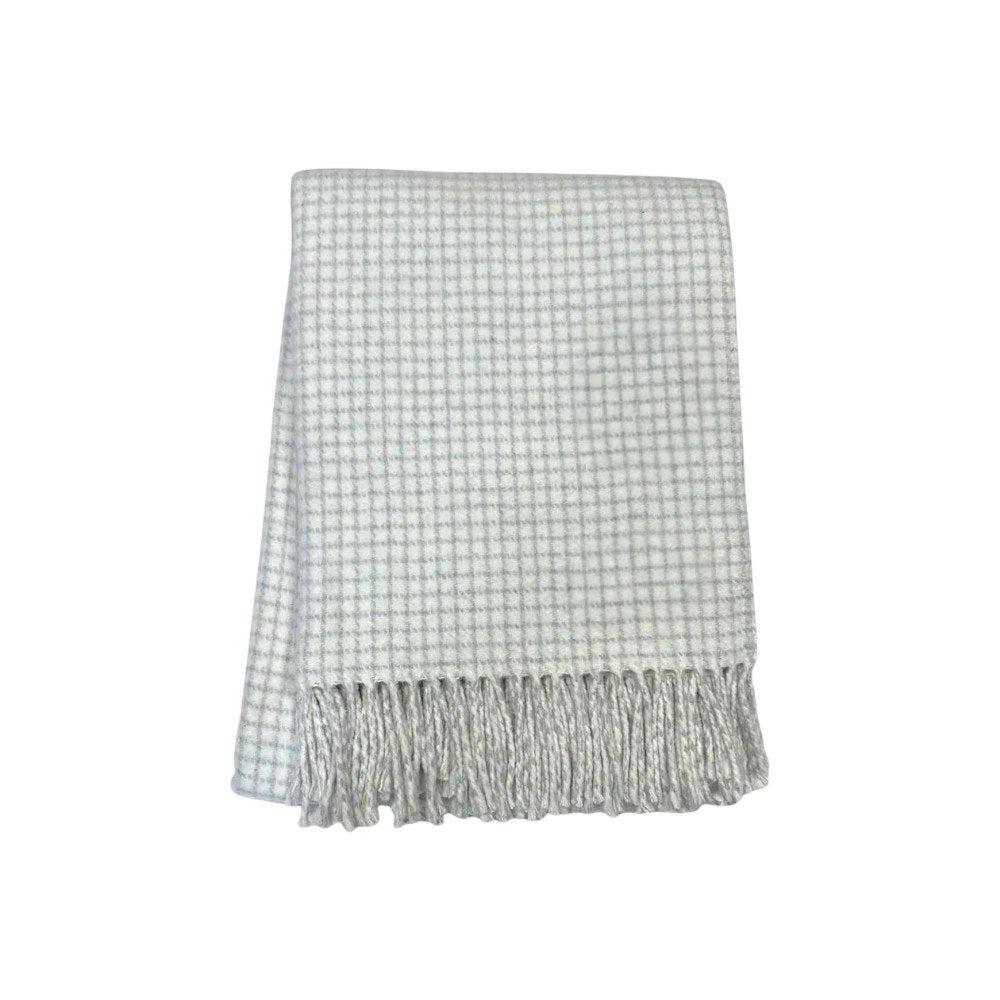 50" X 67" Cream And Light Gray Cotton Blend Woven Plaid Throw Blanket with Fringe HomeRoots