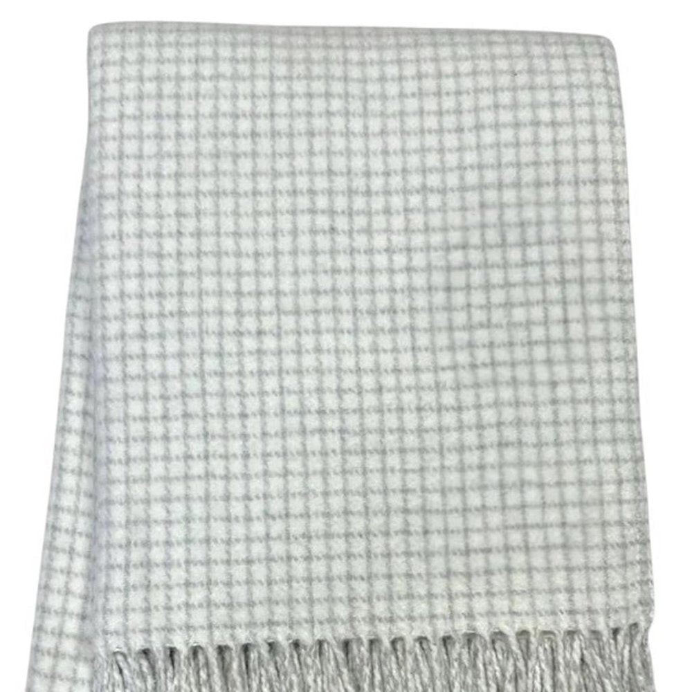 50" X 67" Cream And Light Gray Cotton Blend Woven Plaid Throw Blanket with Fringe HomeRoots