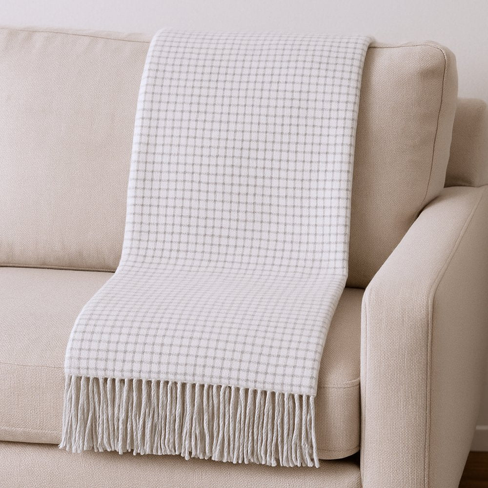 50" X 67" Cream And Light Gray Cotton Blend Woven Plaid Throw Blanket with Fringe HomeRoots