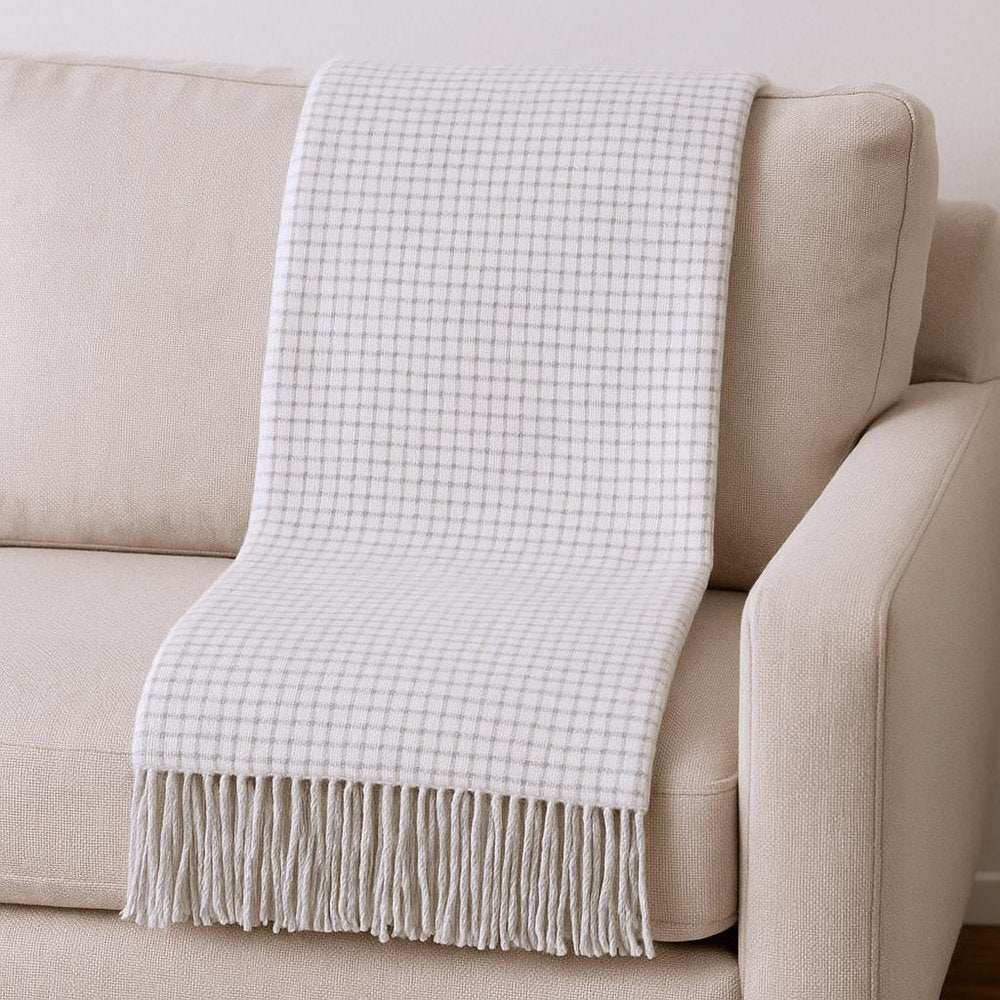 50" X 67" Cream And Light Gray Cotton Blend Woven Plaid Throw Blanket with Fringe HomeRoots