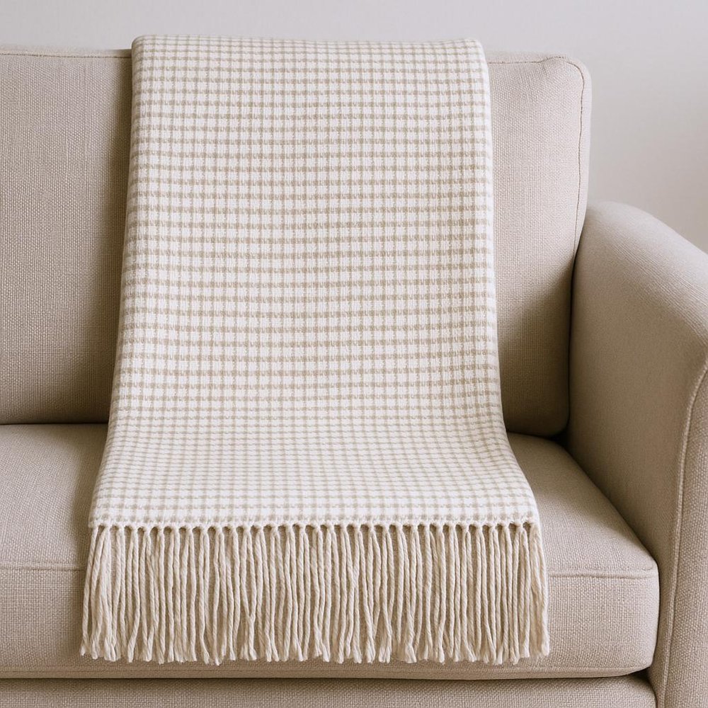 50" X 67" Cream And Sand Cotton Blend Woven Plaid Throw Blanket with Fringe HomeRoots
