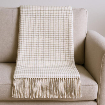 50" X 67" Cream And Sand Cotton Blend Woven Plaid Throw Blanket with Fringe HomeRoots