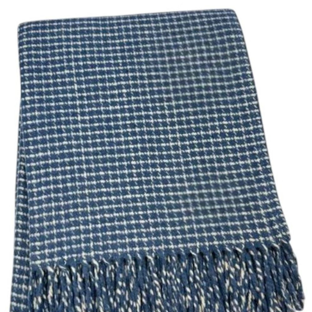 50" X 67" Denim Blue And Cream Cotton Blend Woven Plaid Throw Blanket with Fringe HomeRoots