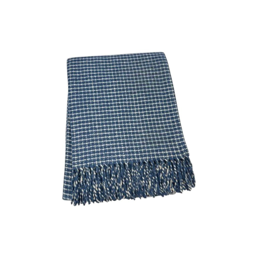 50" X 67" Denim Blue And Cream Cotton Blend Woven Plaid Throw Blanket with Fringe HomeRoots