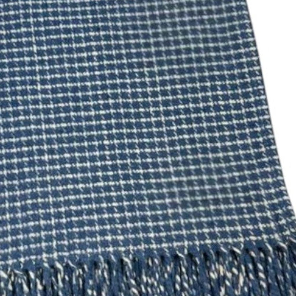 50" X 67" Denim Blue And Cream Cotton Blend Woven Plaid Throw Blanket with Fringe HomeRoots