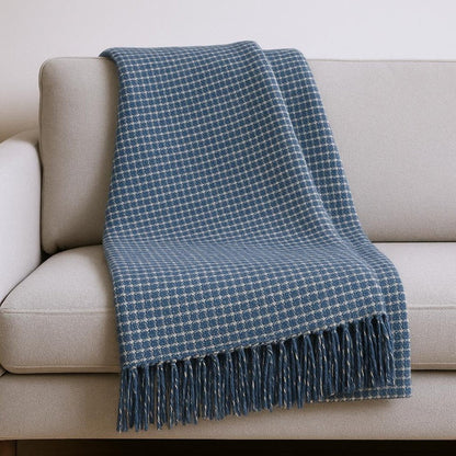 50" X 67" Denim Blue And Cream Cotton Blend Woven Plaid Throw Blanket with Fringe HomeRoots