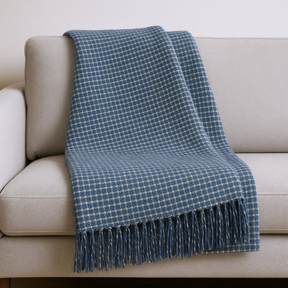 50" X 67" Denim Blue And Cream Cotton Blend Woven Plaid Throw Blanket with Fringe HomeRoots