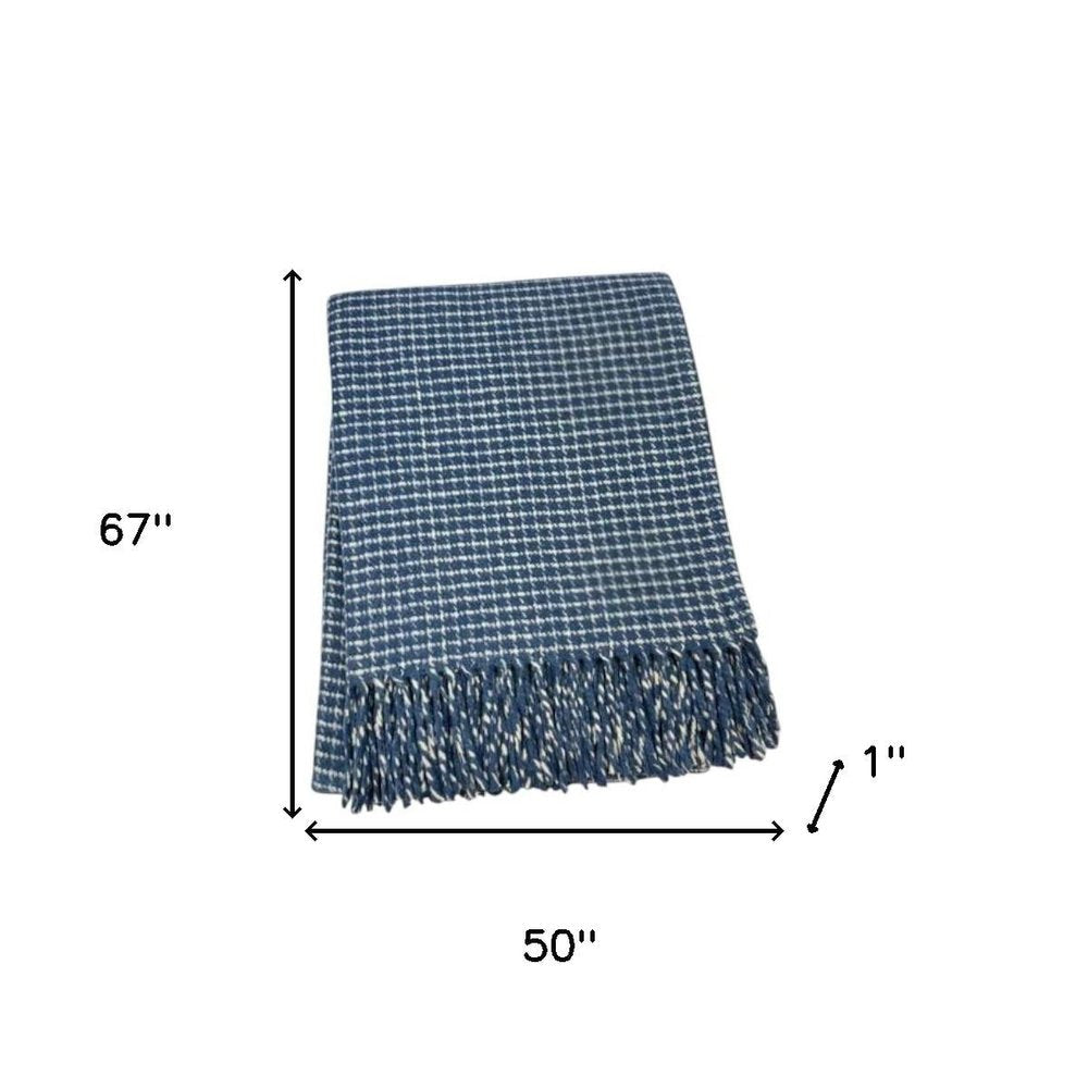 50" X 67" Denim Blue And Cream Cotton Blend Woven Plaid Throw Blanket with Fringe HomeRoots