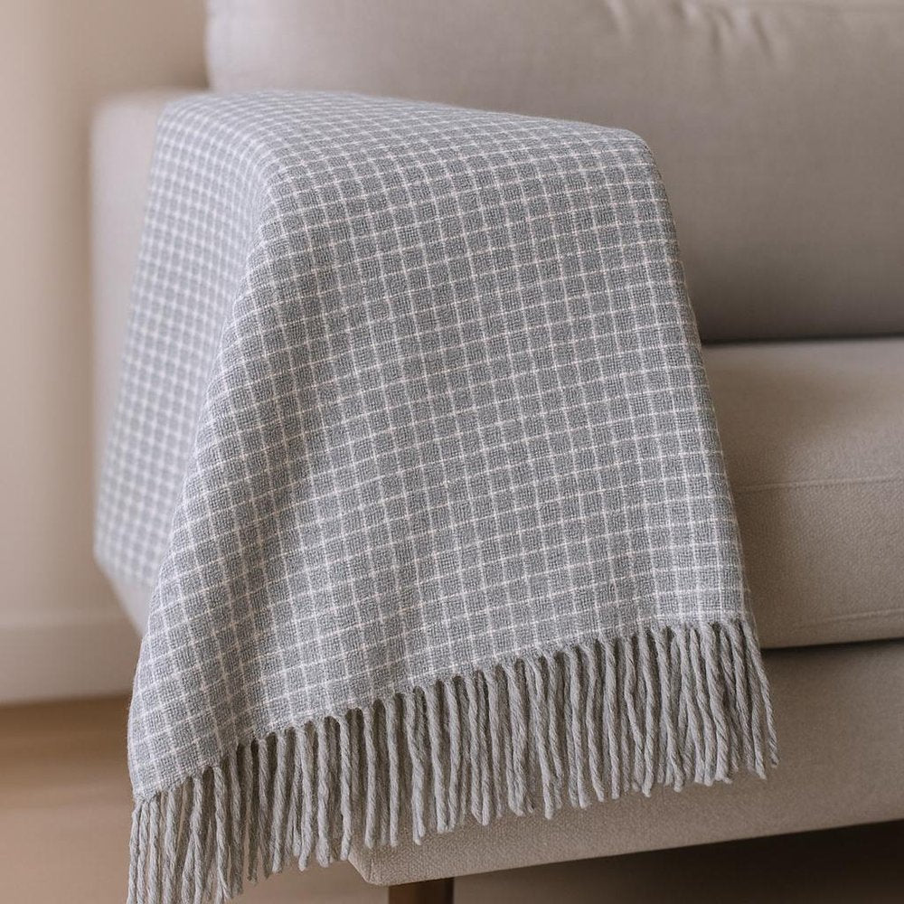 50" X 67" Light Gray And Cream Cotton Blend Woven Plaid Throw Blanket with Fringe HomeRoots