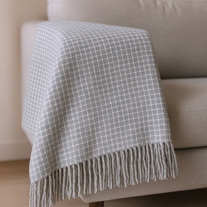 50" X 67" Light Gray And Cream Cotton Blend Woven Plaid Throw Blanket with Fringe HomeRoots