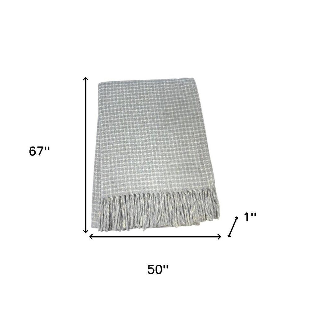 50" X 67" Light Gray And Cream Cotton Blend Woven Plaid Throw Blanket with Fringe HomeRoots