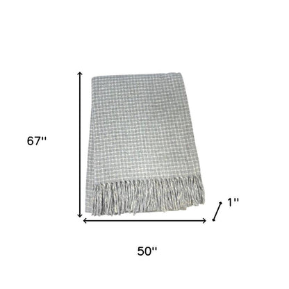 50" X 67" Light Gray And Cream Cotton Blend Woven Plaid Throw Blanket with Fringe HomeRoots