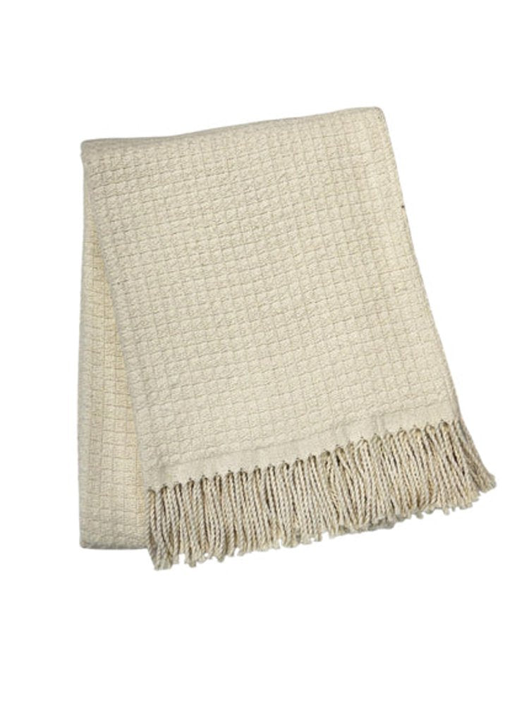 50" X 67" Cream Cotton Blend Woven Throw Blanket with Fringe — view 1
