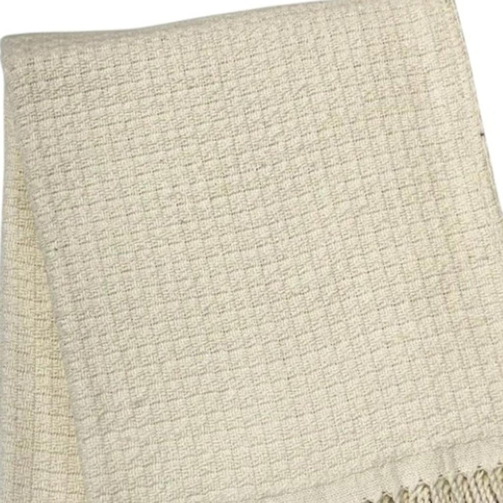 50" X 67" Cream Cotton Blend Woven Throw Blanket with Fringe — view 3