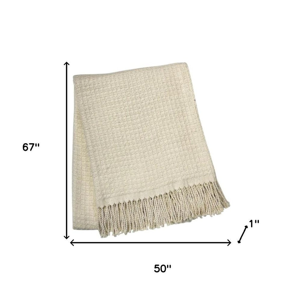 50" X 67" Cream Cotton Blend Woven Throw Blanket with Fringe — view 6
