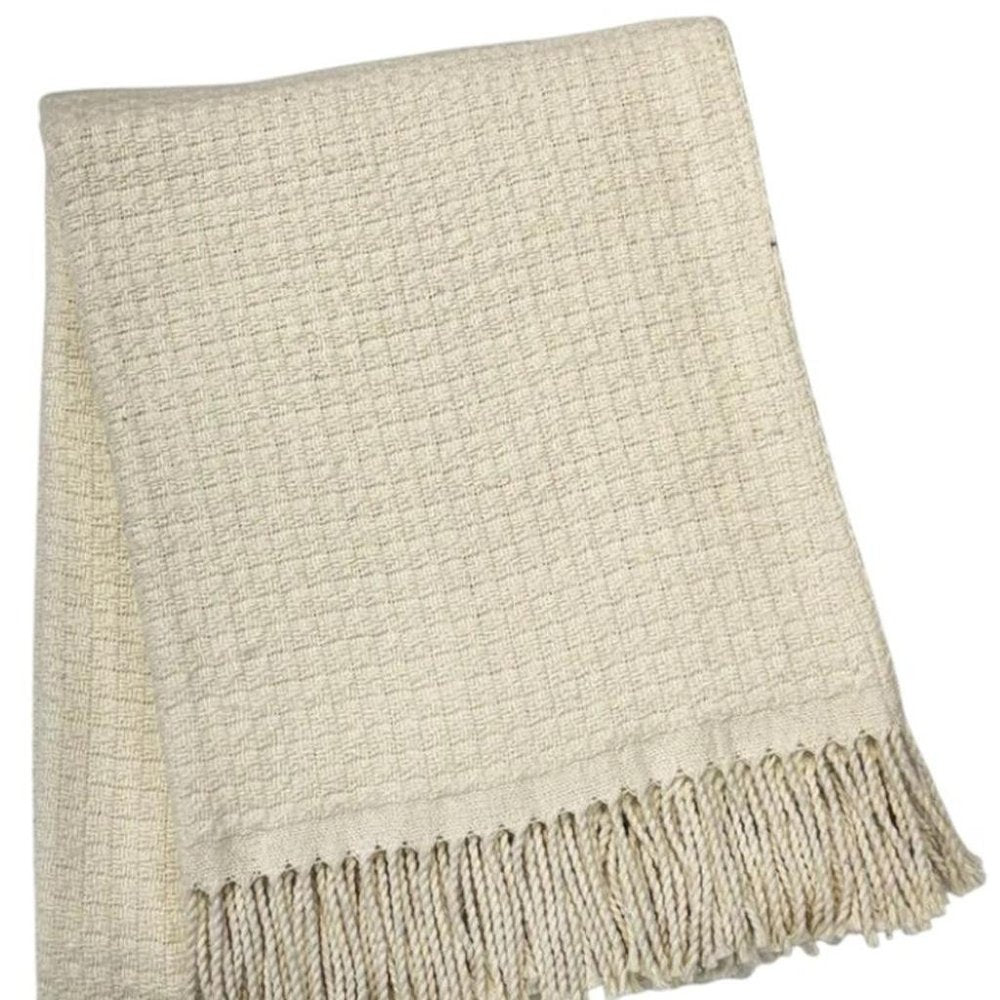 50" X 67" Cream Cotton Blend Woven Throw Blanket with Fringe — view 4