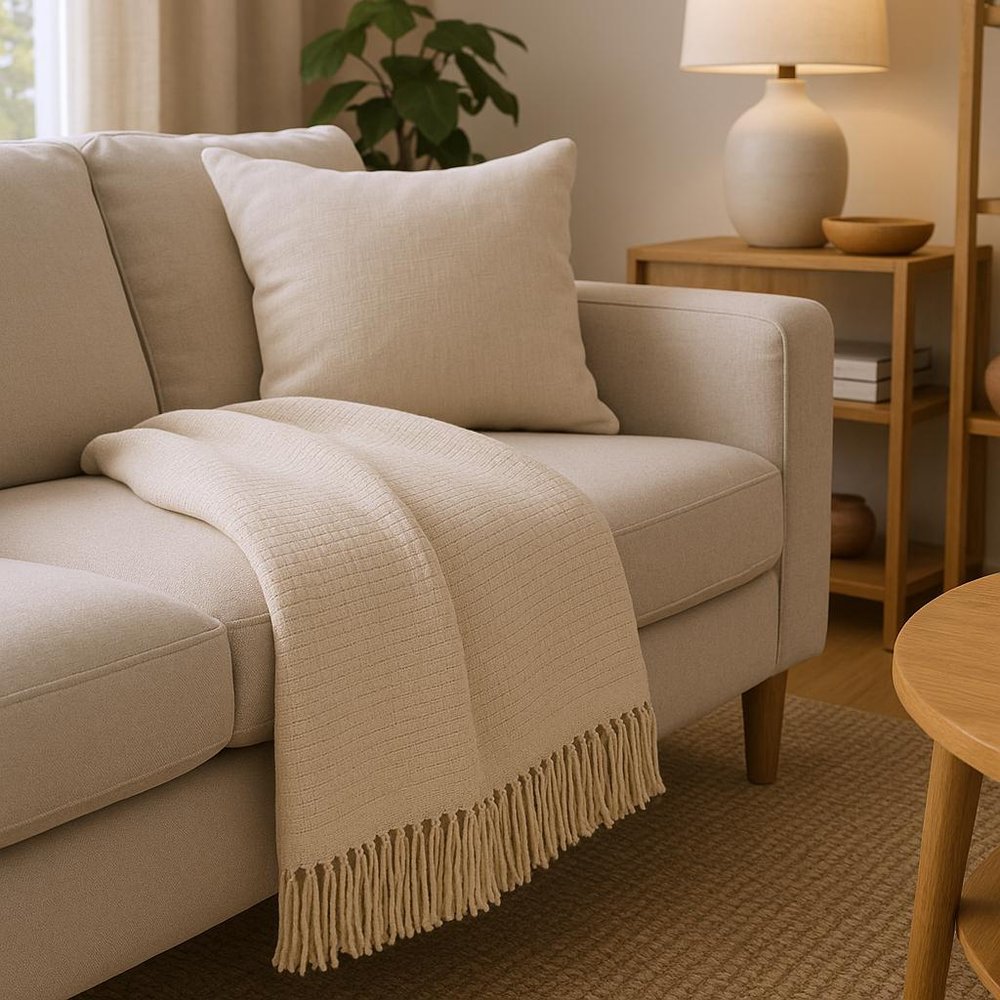 50" X 67" Cream Cotton Blend Woven Throw Blanket with Fringe — view 5